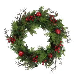 24" Rustic Red Jingle Bell, Berry And Pine Cone Artificial Christmas Wreath