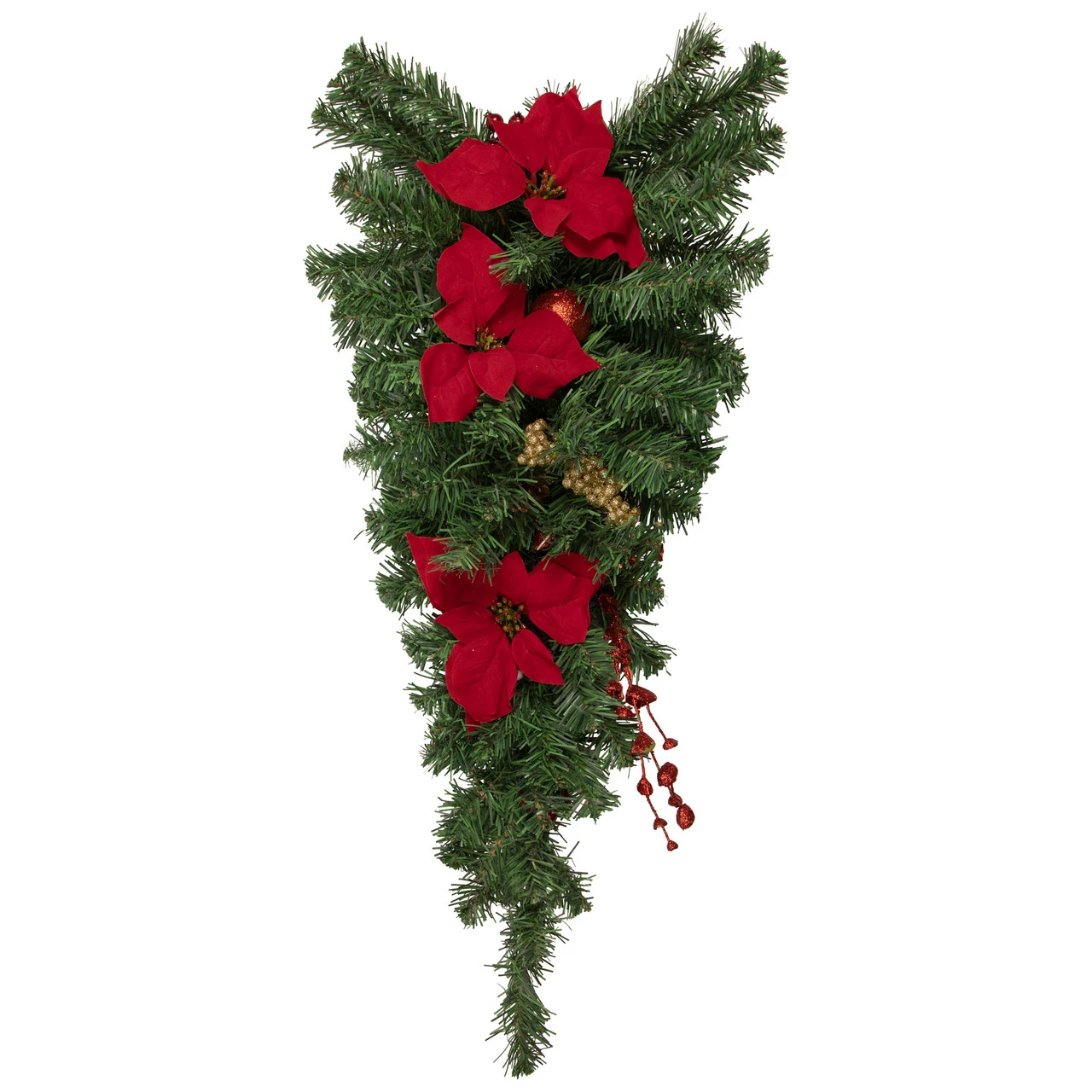 30'' Red Poinsettia And Gold Pine Cone Artificial Christmas Teardrop Swag, Unlit 3 30'' Red Poinsettia And Gold Pine Cone Artificial Christmas Teardrop Swag, Unlit