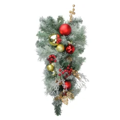 24" Red And Gold Flocked Artificial Christmas Teardrop Swag, Unlit