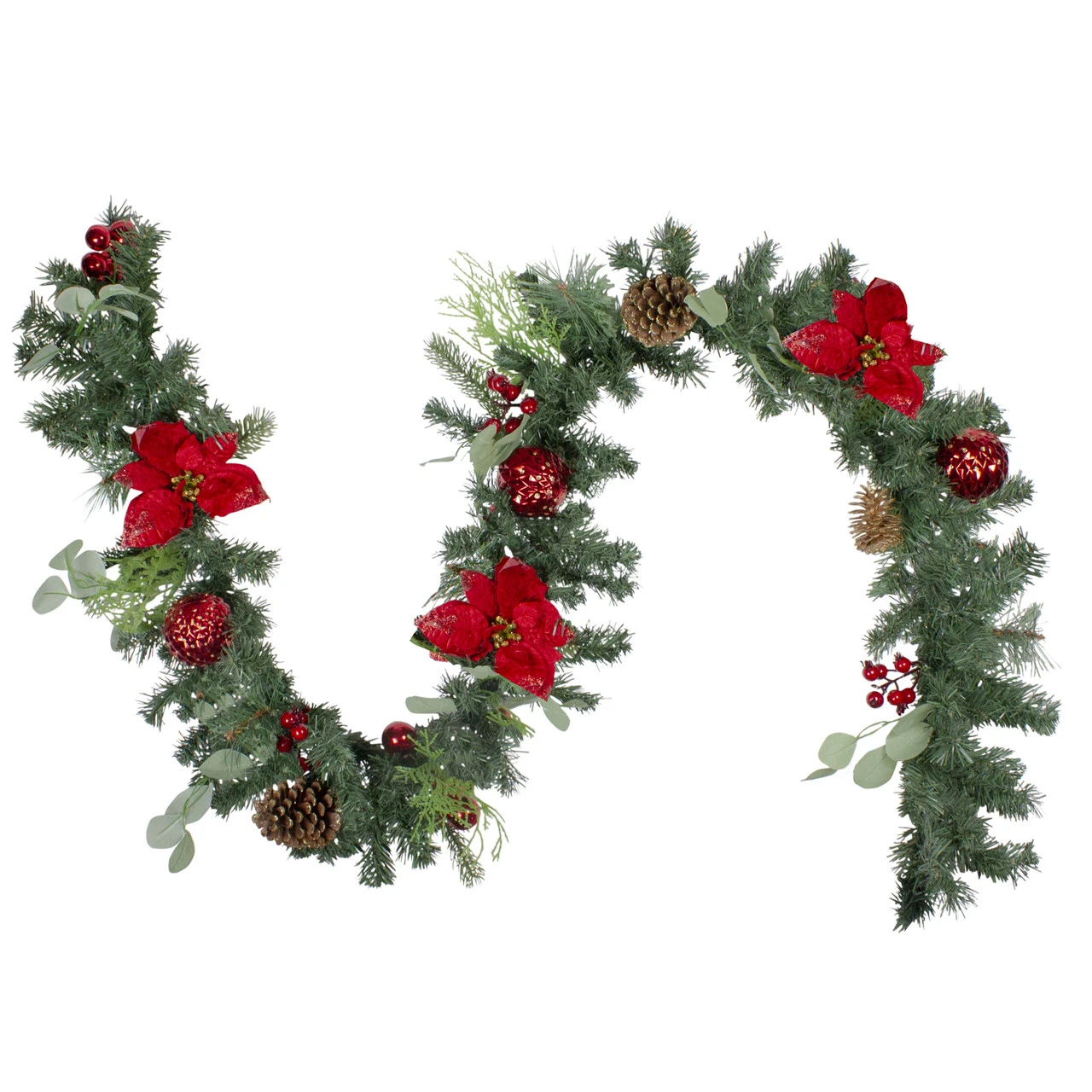 6' Red Ornaments And Poinsettias Artificial Christmas Garland- Unlit 3 6' Red Ornaments And Poinsettias Artificial Christmas Garland- Unlit