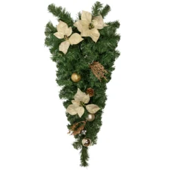 32" Gold Poinsettia Artificial Christmas Teardrop Swag, Unlit