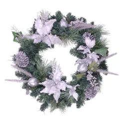 White Poinsettia And Pine Cone Artificial Christmas Wreath - 24-Inch, Unlit