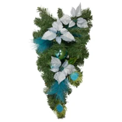 22" Peacock Feather And Poinsettia Artificial Christmas Teardrop Swag, Unlit