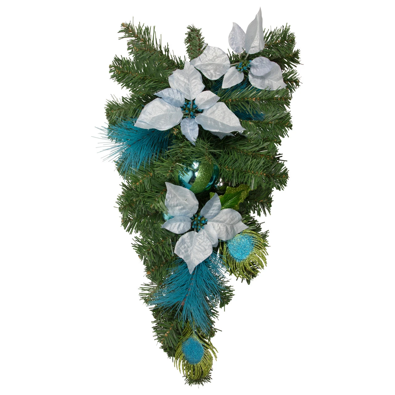 22" Peacock Feather And Poinsettia Artificial Christmas Teardrop Swag, Unlit 3 22" Peacock Feather And Poinsettia Artificial Christmas Teardrop Swag, Unlit