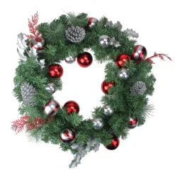 Red And Silver Ornaments Artificial Christmas Wreath - 24-Inch, Unlit