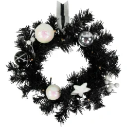 16" Pre-Lit Decorated Black Pine Artificial Christmas Wreath, Cool White LED Lights