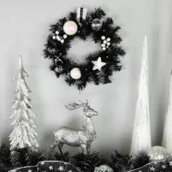16" Pre-Lit Decorated Black Pine Artificial Christmas Wreath, Cool White LED Lights -Noel Twinkle Shop northlight s92630 styled 2 24915.1684340674