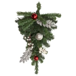 20" Pre-lit Decorated Green Pine Artificial Teardrop Christmas Swag, Cool White LED Lights