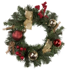 Pre-Lit Decorated Burgundy And Gold Pine Artificial Christmas Wreath, 16-Inch, Warm White LED