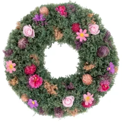 13" Pink Rose And Purple Thistle Mixed Floral Spring Wreath