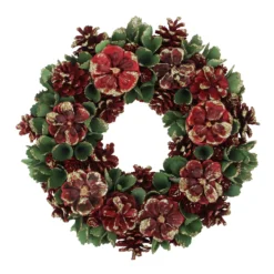 Red And Green Floral And Pine Cone Wooden Christmas Wreath - 13.5-Inch, Unlit
