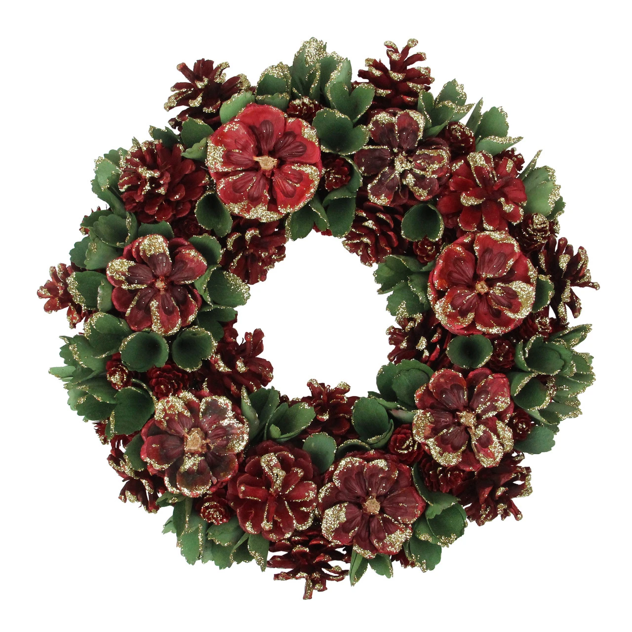 Red And Green Floral And Pine Cone Wooden Christmas Wreath - 13.5-Inch, Unlit 3 Red And Green Floral And Pine Cone Wooden Christmas Wreath - 13.5-Inch, Unlit