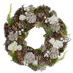 White Rose And Pine ConesArtificial Christmas Wreath, 13-Inch, Unlit