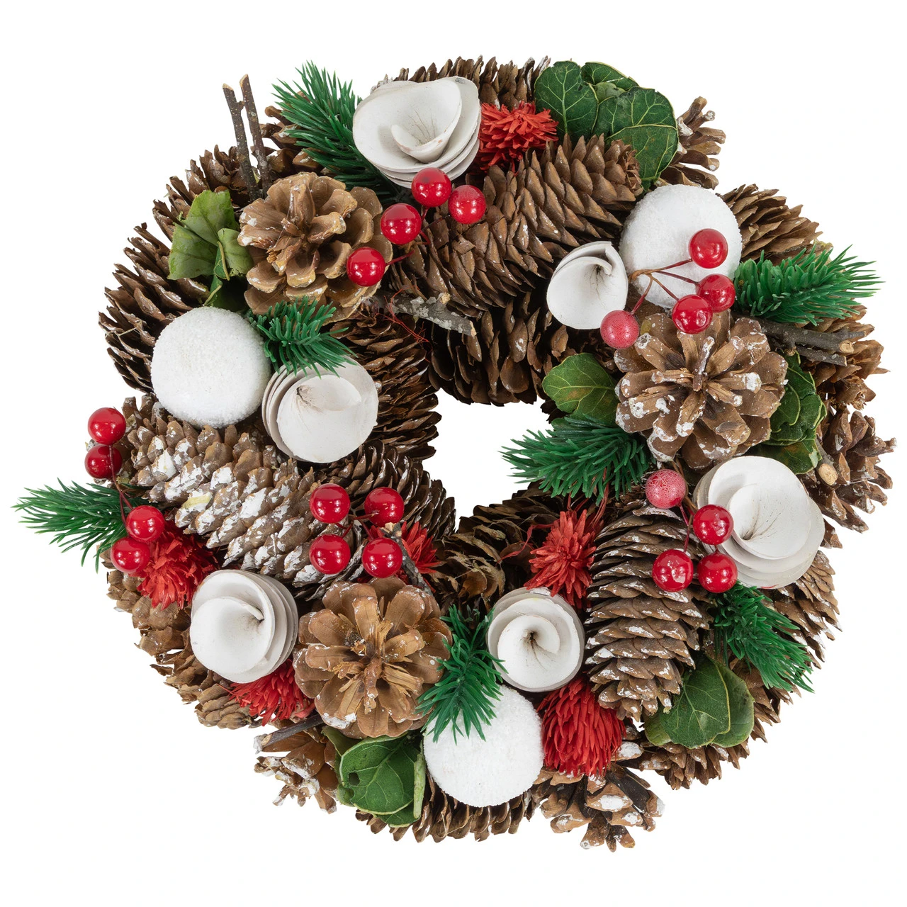White Wooden Rose, Pine Cone And Berry Artificial Christmas Wreath, 10-Inch, Unlit 3 White Wooden Rose, Pine Cone And Berry Artificial Christmas Wreath, 10-Inch, Unlit