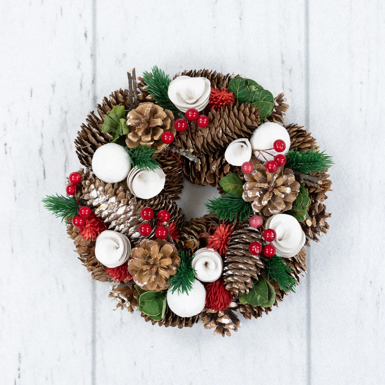 White Wooden Rose, Pine Cone And Berry Artificial Christmas Wreath, 10-Inch, Unlit 5 White Wooden Rose, Pine Cone And Berry Artificial Christmas Wreath, 10-Inch, Unlit - Image 3