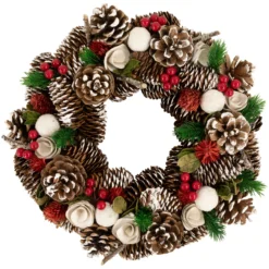 White Wooden Rose And Pine Cone With Berries Artificial Christmas Wreath,13.5-Inch, Unlit