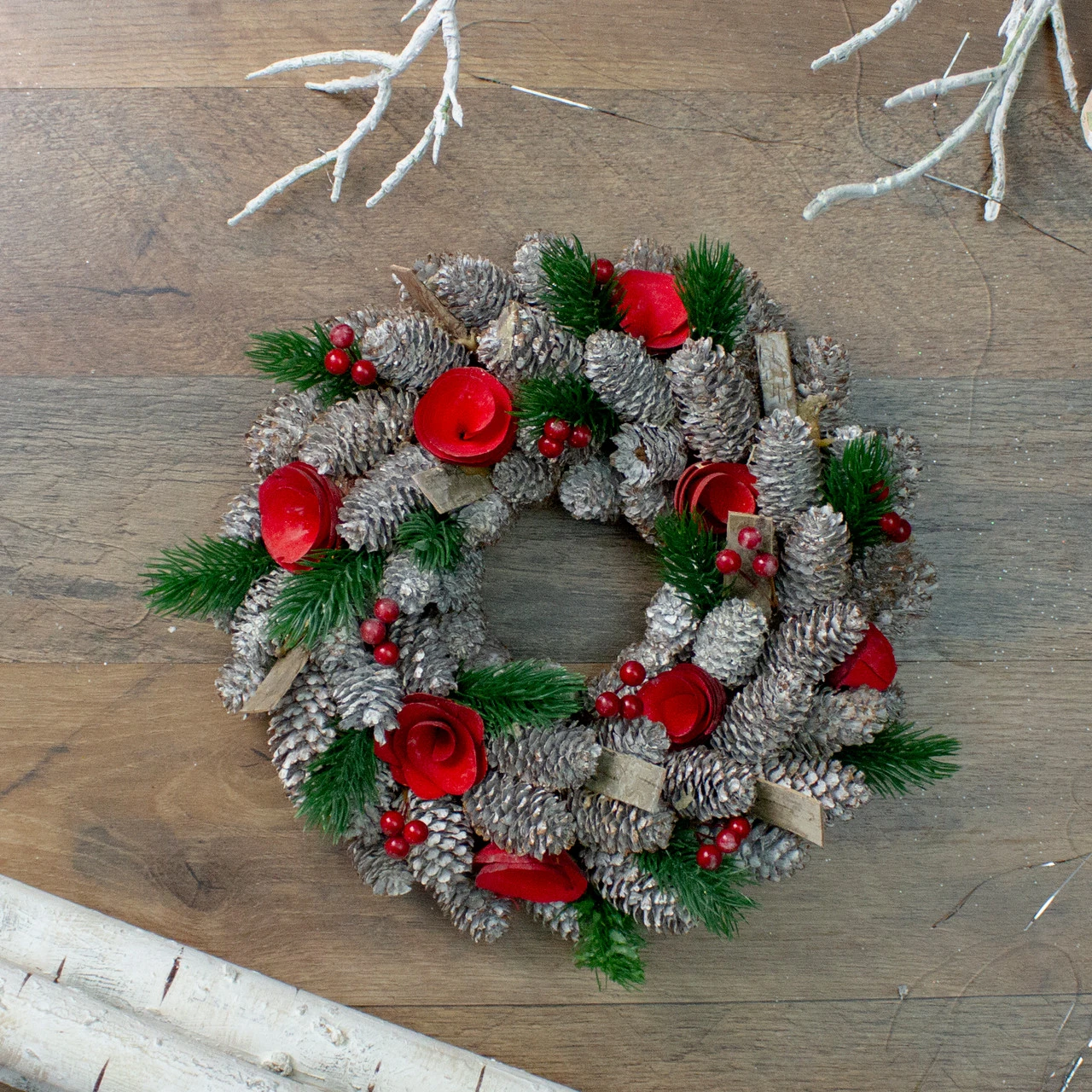 Pine Cones And Red Wooden Roses Artificial Christmas Wreath, 10-Inch, Unlit 4 Pine Cones And Red Wooden Roses Artificial Christmas Wreath, 10-Inch, Unlit - Image 2