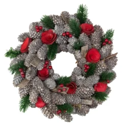 Pine Cones And Red Wooden Roses Artificial Christmas Wreath, 10-Inch, Unlit