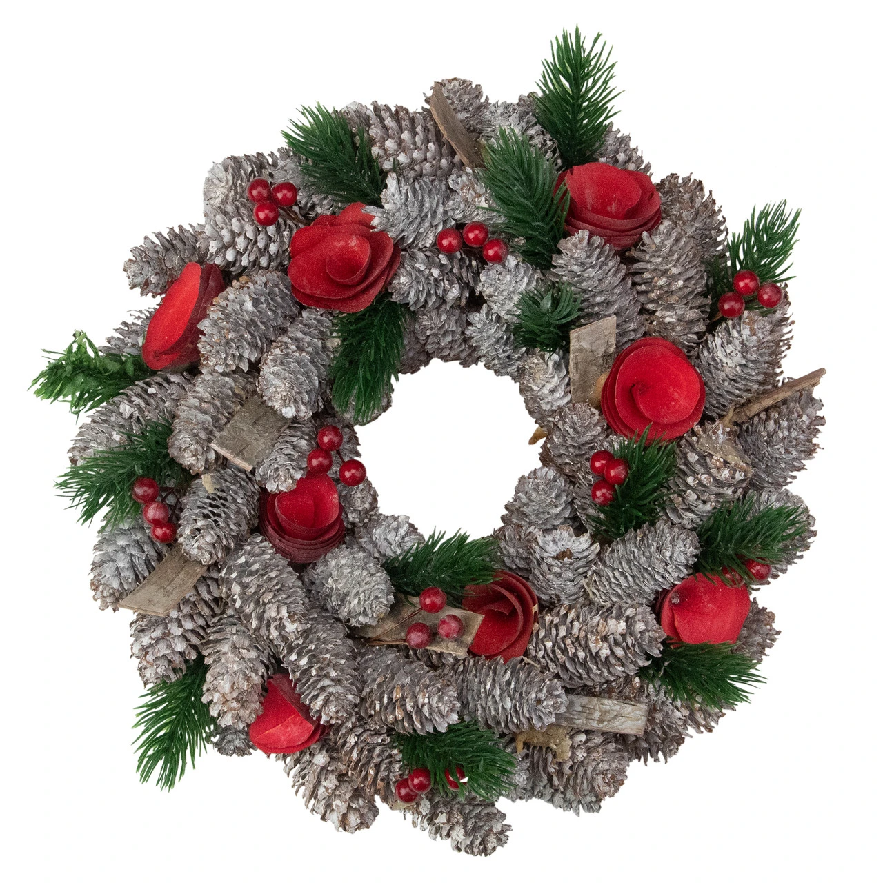 Pine Cones And Red Wooden Roses Artificial Christmas Wreath, 10-Inch, Unlit 3 Pine Cones And Red Wooden Roses Artificial Christmas Wreath, 10-Inch, Unlit