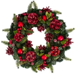 13" Red And Green Pine Cones And Ornaments Christmas Wreath