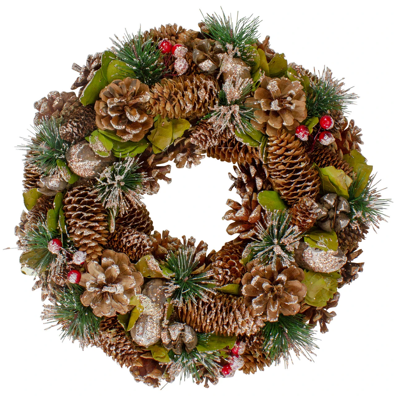Green And Brown Frosted Pinecones And Bells Christmas Wreath - 13" Unlit 3 Green And Brown Frosted Pinecones And Bells Christmas Wreath - 13" Unlit
