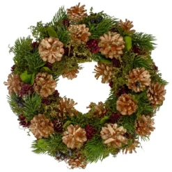 12" Green, Gold, And Red Glitter Pinecones Christmas Wreath