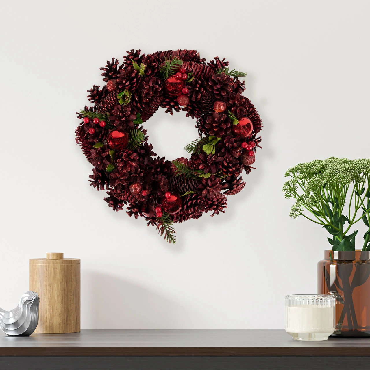 Red Pinecone, Berry And Ornament Christmas Wreath, 13.5-Inch, Unlit 4 Red Pinecone, Berry And Ornament Christmas Wreath, 13.5-Inch, Unlit - Image 2