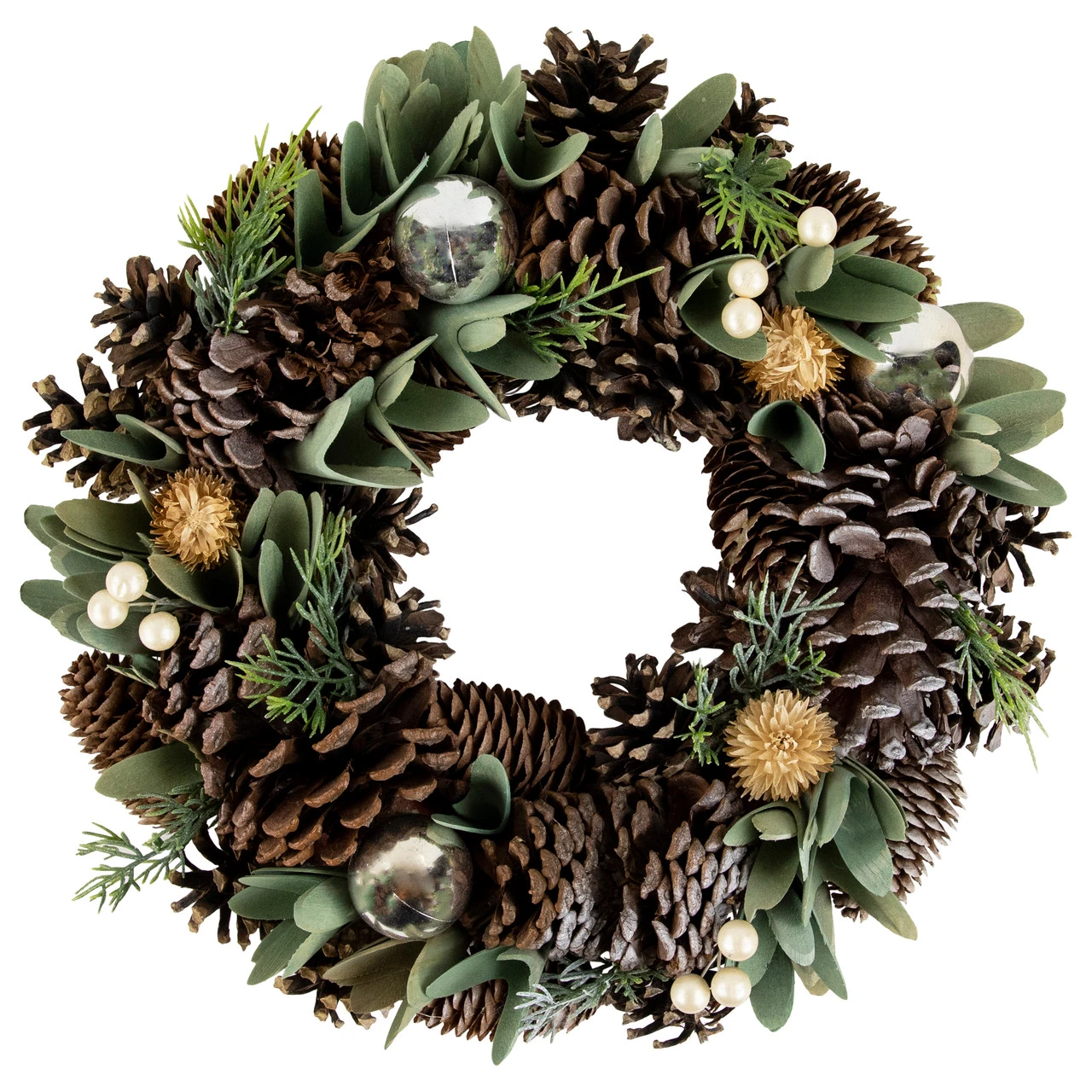 Silver And Green Mixed Foliage And Pinecone Christmas Wreath, 13.5-Inch, Unlit 3 Silver And Green Mixed Foliage And Pinecone Christmas Wreath, 13.5-Inch, Unlit