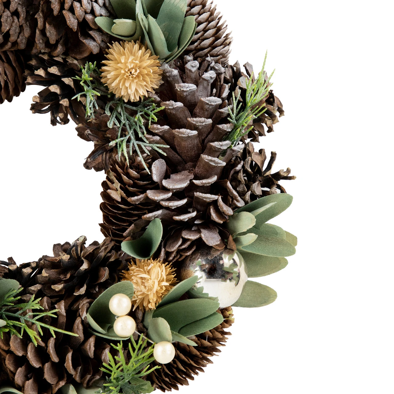 Silver And Green Mixed Foliage And Pinecone Christmas Wreath, 13.5-Inch, Unlit 4 Silver And Green Mixed Foliage And Pinecone Christmas Wreath, 13.5-Inch, Unlit - Image 2