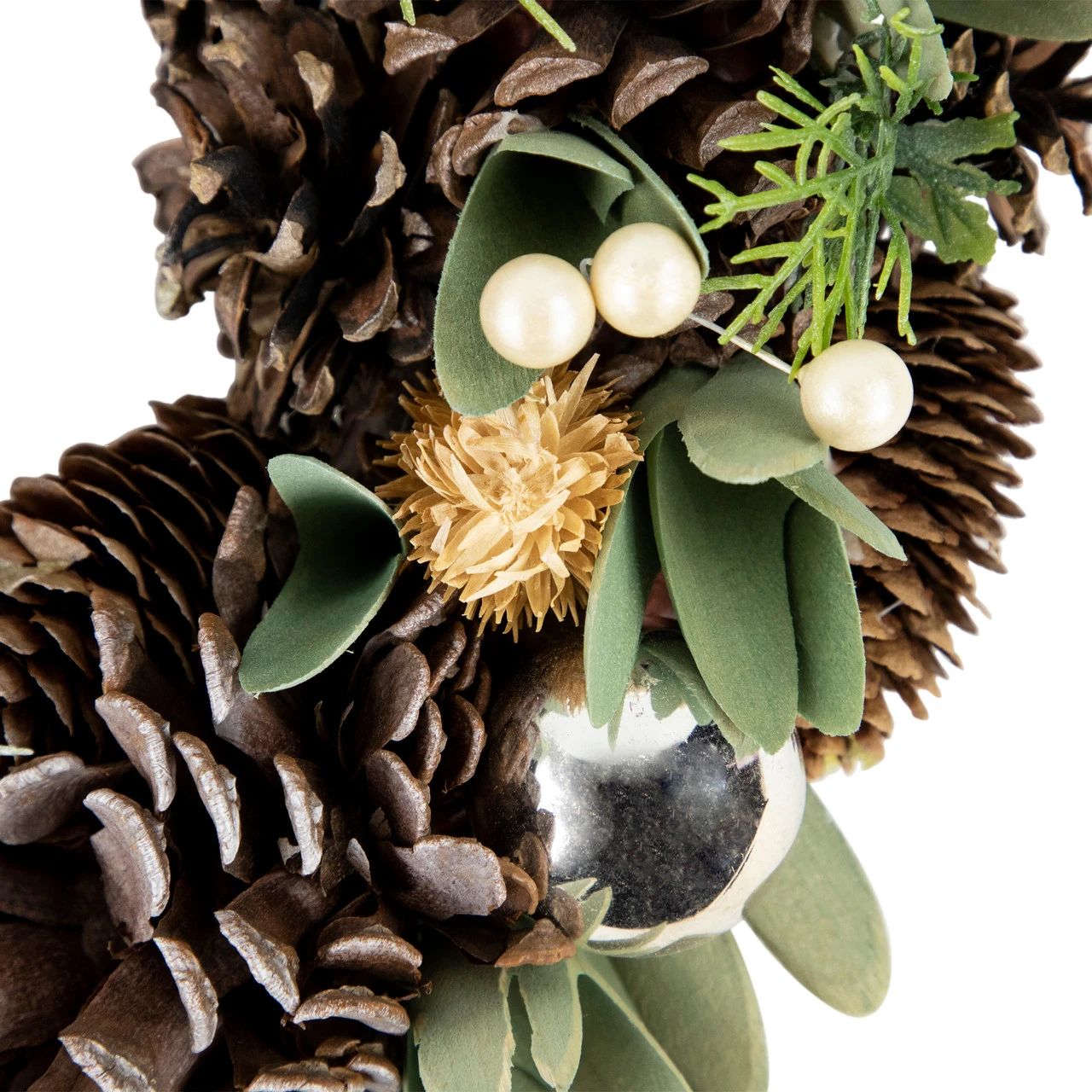 Silver And Green Mixed Foliage And Pinecone Christmas Wreath, 13.5-Inch, Unlit 5 Silver And Green Mixed Foliage And Pinecone Christmas Wreath, 13.5-Inch, Unlit - Image 3