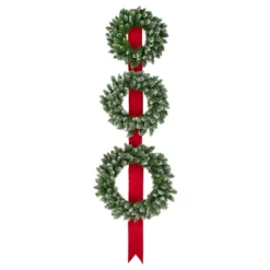Set Of 3 Pre-Lit B/O Flocked Wreaths On Red Ribbon Christmas Decoration, 6.5'