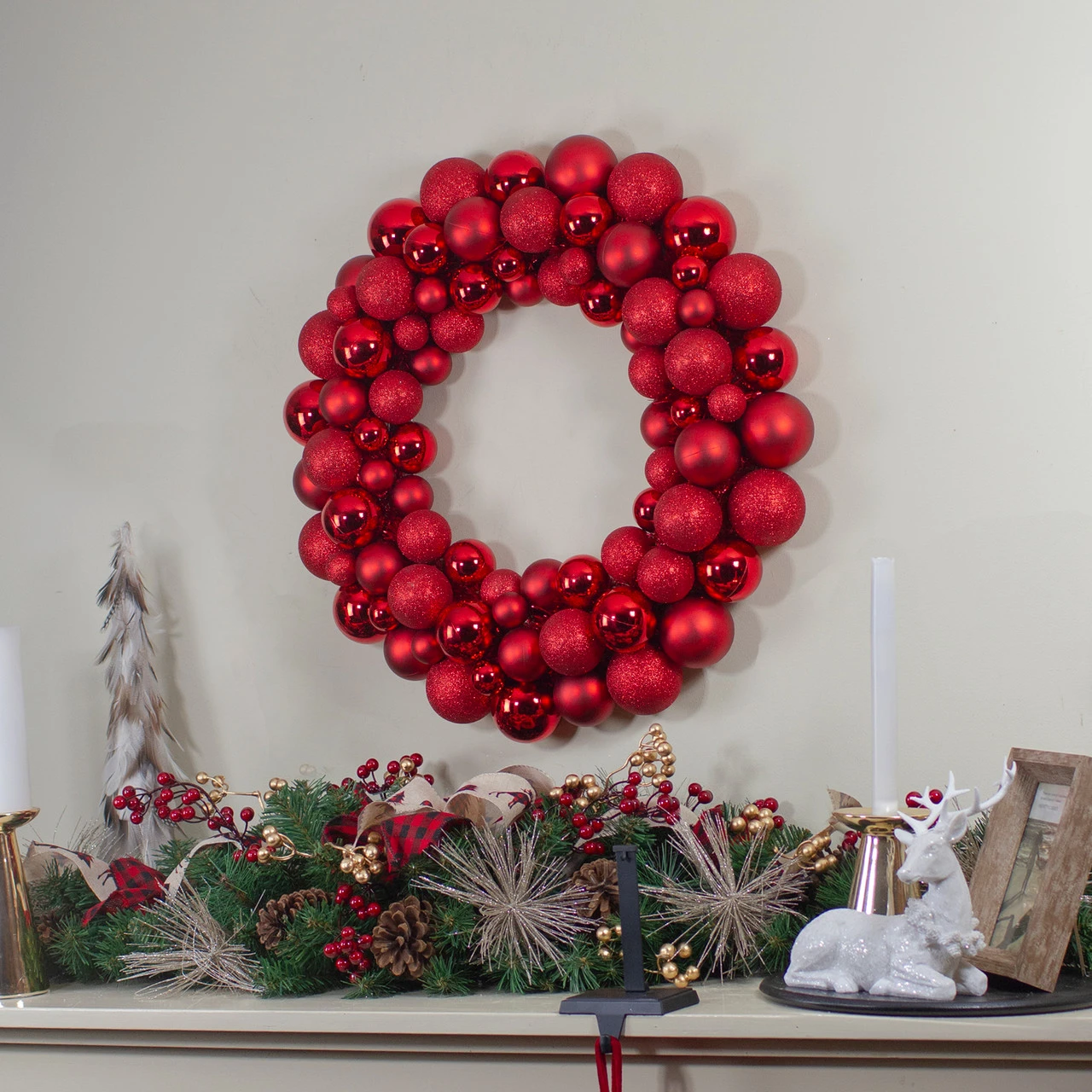 Red 3-Finish Shatterproof Ball Christmas Wreath, 36-Inch, Unlit 4 Red 3-Finish Shatterproof Ball Christmas Wreath, 36-Inch, Unlit - Image 2