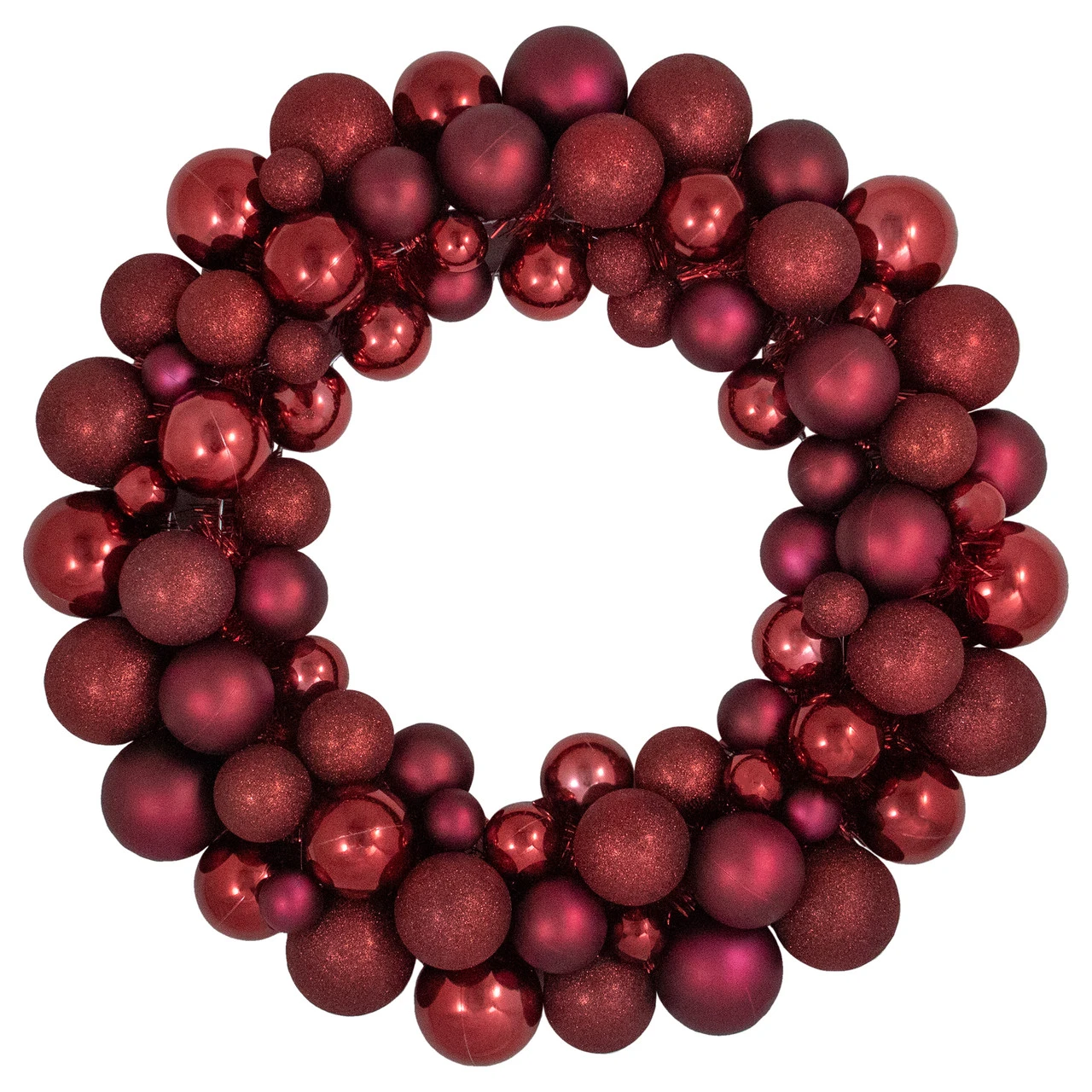 Burgundy 3-Finish Shatterproof Ball Christmas Wreath - 24", Unlit 3 Burgundy 3-Finish Shatterproof Ball Christmas Wreath - 24", Unlit