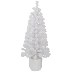 3.5' Pre-Lit Potted Flocked Winter Pine White Tinsel Artificial Christmas Tree, Clear Lights