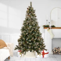 7.5' Pre-lit Snow Valley Pine Artificial Christmas Tree, Clear Lights