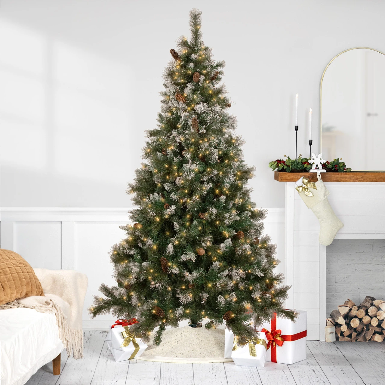 7.5' Pre-lit Snow Valley Pine Artificial Christmas Tree, Clear Lights 3 7.5' Pre-lit Snow Valley Pine Artificial Christmas Tree, Clear Lights