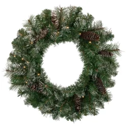 24" Pre-Lit Artificial Frosted Pine And Pine Cone Christmas Wreath