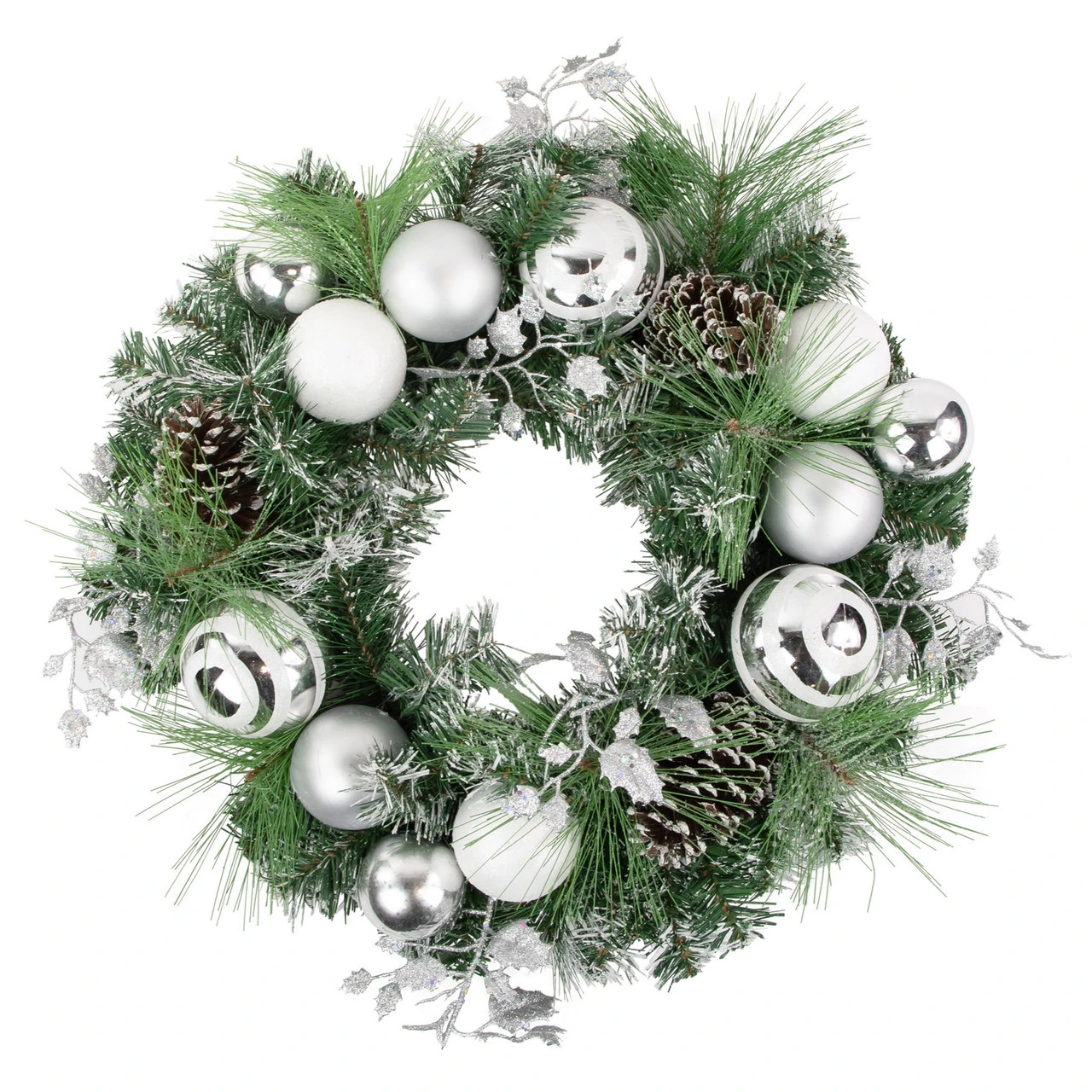 Green Pine Needle Wreath With Pinecones And Christmas Ornaments, 24-Inch, Unlit 3 Green Pine Needle Wreath With Pinecones And Christmas Ornaments, 24-Inch, Unlit