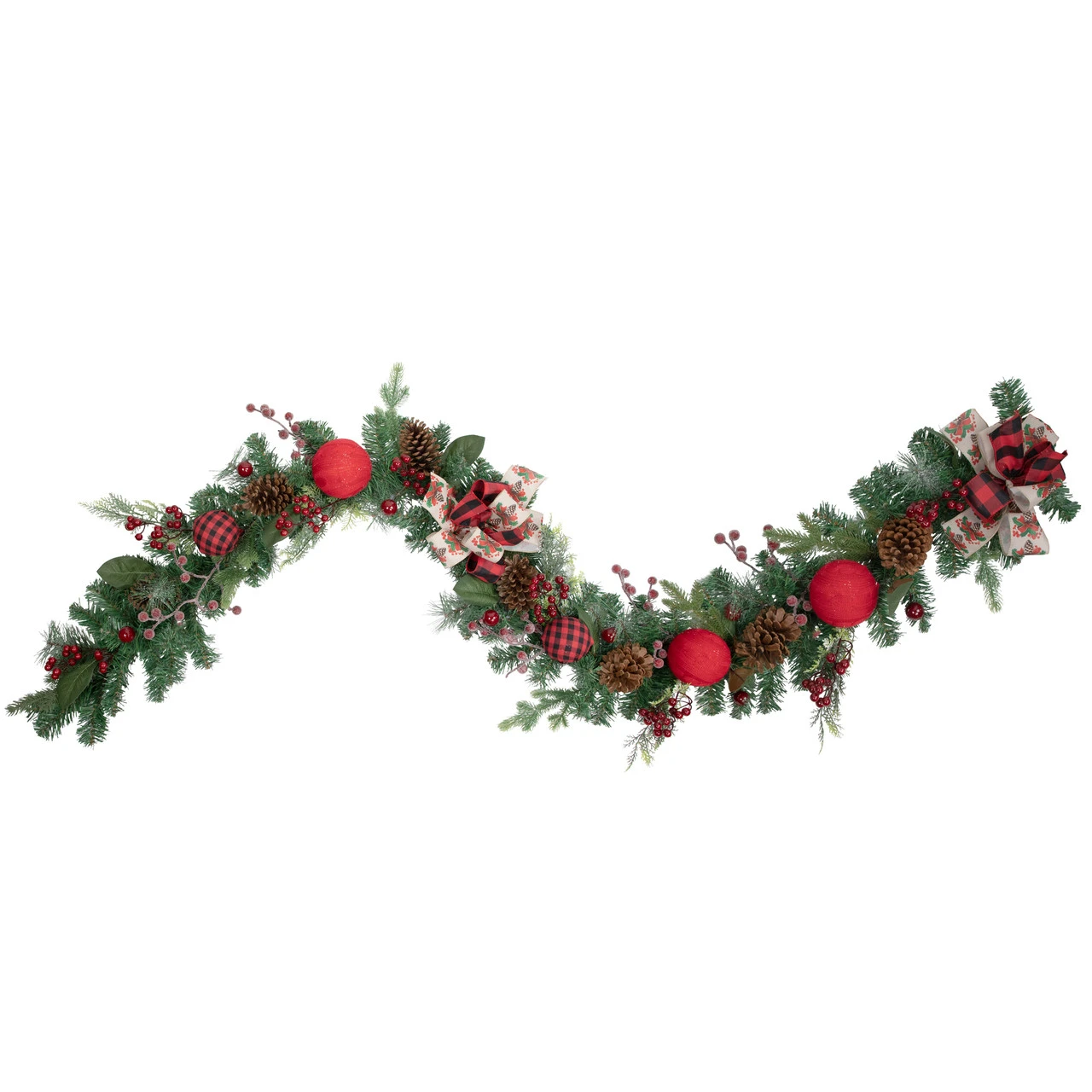 6' Green Pine Artificial Christmas Garland With Plaid Ornaments And Bows 3 6' Green Pine Artificial Christmas Garland With Plaid Ornaments And Bows