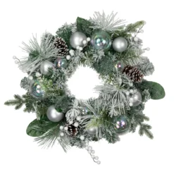 Flocked Pine Artificial Christmas Wreath With Iridescent Ornaments, 24-Inch, Unlit