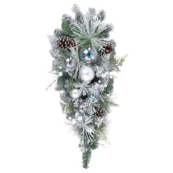 30" Flocked Pine Artificial Christmas Teardrop Swag With Iridescent Ornaments - Unlit