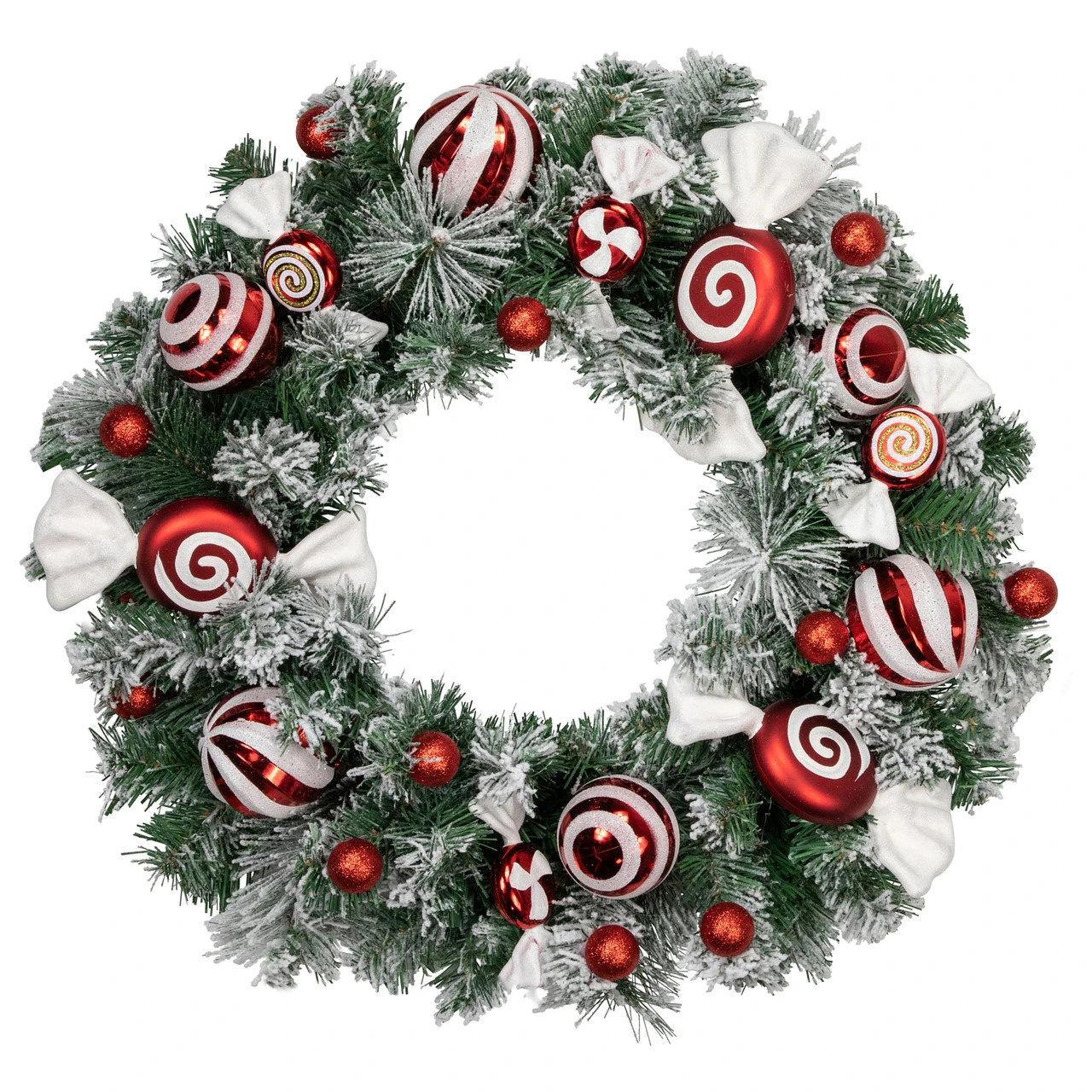 Frosted Pine Artificial Christmas Wreath With Swirled Candy Ornaments, 24-Inch 3 Frosted Pine Artificial Christmas Wreath With Swirled Candy Ornaments, 24-Inch
