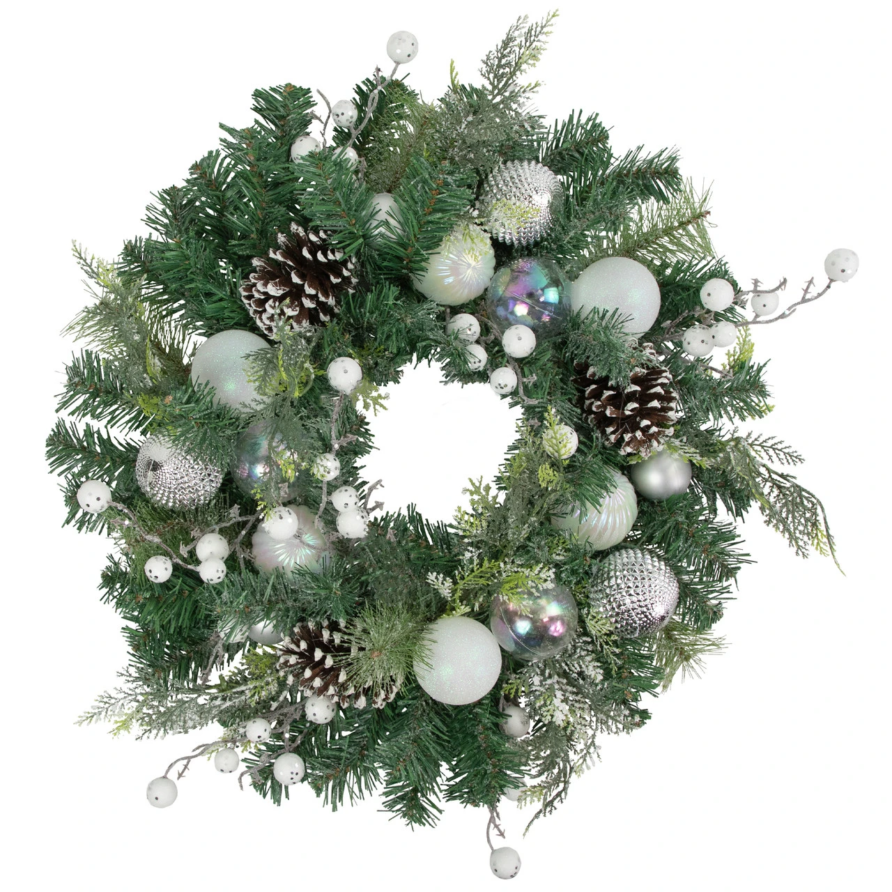 Green Pine Artificial Christmas Wreath With Berries And Iridescent Ornaments, 24-Inch 3 Green Pine Artificial Christmas Wreath With Berries And Iridescent Ornaments, 24-Inch