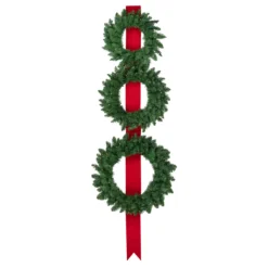 Set Of 3 Pre-Lit Battery Operated Wreaths On Red Ribbon Christmas Decoration, 6.5'