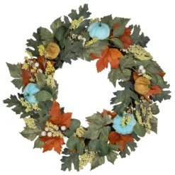 Green And Orange Foliage And Gourds Thanksgiving Artificial Wreath, 22-Inch