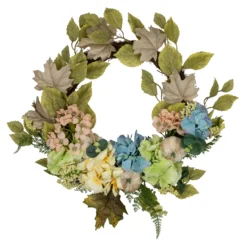 Green And Blue Floral And Gourds Thanksgiving Artificial Wreath, 22-Inch