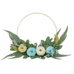 Blue Pumpkins And Foliage Thanksgiving Artificial Half Wreath, 18-Inch