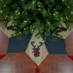48" Blue And Brown Burlap And Plaid Reindeer Christmas Tree Skirt With Tassels