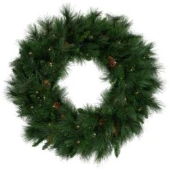 Pre-Lit White Valley Pine Artificial Christmas Wreath With Pinecones, 36-Inch, Clear Lights