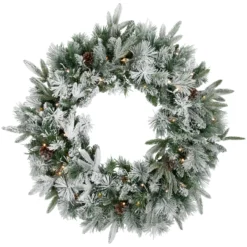 Pre-Lit Flocked Rosemary Emerald Angel Pine Artificial Christmas Wreath - 30-Inch, Clear LED Lights